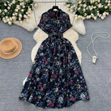 Niche High-End Light Style Single Row Buckle Short-Sleeved Printed Shirt Dress Female Magenta Vintage Chiffon