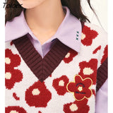 Women Knit Vest 2022 Winter Sleeveless V Neck Loose Sweaters Floral Print Wine Red Casual Chic