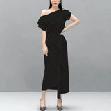 2019 Runway fashion Summer 2 Pcs Set Elegant Women's One Shoulder Sexy Crop Tops + high waist Ruffles Long Skirts