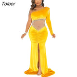 Party Night Club Dresses Long Women Diamonds Velvet Maxi Dress Sexy One Shoulder Female Women Clothes Robe Gown