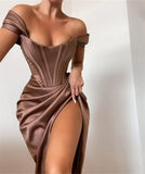 Stretch Satin Elegant Dress Women High Split Deep V Neck Sexy Party Dress 2022 Summer Dresses With Fishbone