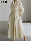 Women Beige Pleated Long Big Size Elegant Dress New Lapel Long Sleeve Loose Fit Fashion Tide Spring Autumn 2023