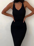 Black Sexy Sleeveless Solid Backless Chains Midi