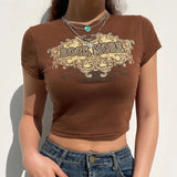 Rockmore Vintage Print T-shirt Women Aesthetic Long Sleeve Crop Top Autumn E Girl Casual Basic Tee Shirt 90s Grunge