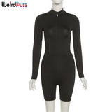 Puss Zipper Women Tracksuit Long Sleeve Fitness 2 Piece Outfit Bodysuits+Biker Shorts Elastic Matching Skinny