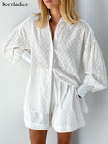 Summer White Elegant Jacquard Fabric Soft Vacation Suits Women Long Sleeves Shirts And Hot Pants Two Pieces