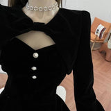 Woman Dress Sets Fashion Velvet Black Robe Sexy Cropped Y2K Tops Elegant Vestidos Feminino Korean Mini Party