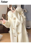 women elegant fur collar winter overcoats female horn botton sweet white long coats korean thick warm