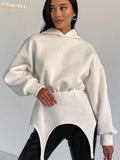 Winter Bodycon White Hoodies Women Fashion Long Sleeve Hooded Sweatshirts Casual Irregular Pullover Tops Female