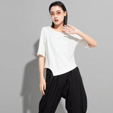 Women White Black Irregular Spliced Short Casual T-shirt New Round Neck Short Sleeve Fashion Spring Summer 2023