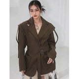 Women Brown Big Size Belted Ribbon Blazer New Lapel Long Sleeve Loose Fit Jacket Fashion Tide Spring Autumn 2023