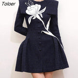 Tweed Dress Women 2023 Autumn Winter White Flower Long-sleeve Bodycon Dresses Vintage O-neck Party Vestidos