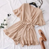 Women Rompers casual wide leg pants overalls short sleeve v neck solid playsuits summer beach chiffon ruffle