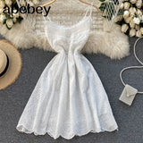 Summer New Sweet Strap Dress Hollow Out Embroidery Waving Backless Women Holiday Beach Dress Chic Fashion