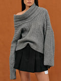 Toloer 2024 New Fashion Trend Irregular One Word Collar Design Sense Loose Casual Sweater Long Sleeved Sweater-Outfit