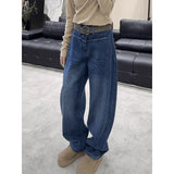 Dark Blue Broad-Legged Scissors Jeans Women's Autumn And Winter High Waist Plus Plus Thick Loose Drag Long
