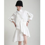 Women Blue Ruffles Irregular Shirt Dress New Lapel Three-quarter Sleeve Loose Fit Fashion Tide Spring Summer 2023