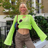Hollow Out Cropped Knit Sweater Women Fairy Grunge Long Sleeve Top Vintage Loose Distressed Crochet Pullovers Cover-up
