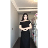 Pure Desire Short Sleeves Slanted Shoulder Fork Dress Temperament Slimmed Fashion Temperament Shoulder Long