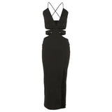 Low V-neck Women's Suspenders Dress Backless Cut Out Summer Black Midi Dress Women Side Slit Party Club Evening Dress