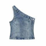Asymmetrical Collar Retro Denim Breast Wrap Blouse