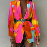Sexy Print Colorblock Blazers For Women Notched Collar Long Sleeve Straight Jackets Female Autumn Clothing 2023