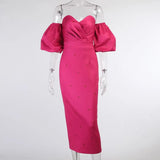 Graduation party Women Elegant Dress Lantern Sleeve Casual Strawberry Print Sexy Off Shoulder Party Mid Calf Dress Summer