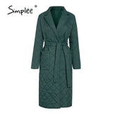 Simplee Cotton padded long winter coat female Casual pocket sash women parkas High street tailored collar stylish overcoat