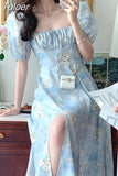 Summer Printed Dress French Retro Square Neck Floral Dress Female 2023 Summer New Puff Sleeve Long