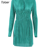Pleated Women High Waist Dress Long Sleeve Eyelet Elegant Dress Ladies Back Keyhole Spring 2022 Elastic Female