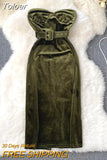 Sexy Strapless Bodycon Velvet Dress Women Elegant Autumn Winter Sleeveless Backless Belted Slim Back Slit Party
