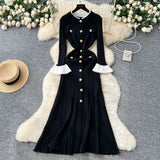 Small Fragrant Wind Bumpy Round Collar Horn Sleeve Single Buckle Waist Knitted Dress Women Autumn Body Sweater