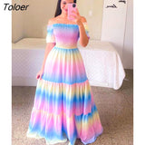 Women's Rainbow Long Dress Fashion Sexy Off Shoulder A-line Printed Maxi Dresses Boho Retro Party Evening Vestidos