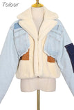 Patchwork Denim Jacket Women Long Sleeve lambswool Coat Tops Female Fashion Clothes Casual 2023 Winter