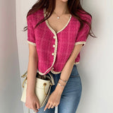Summer New Elegant Retro Short Korean Plaid Tweed Cardigan Women Fashion Short Sleeved Thin Short Jacket Female Elegant