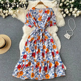 2022 Vintage Floral Print V Neck Bandage Dress Summer Midi Long Party Women High Waist Vestido De Festa Elegant