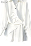 Fashion Women's Shirt Lapel Single Braested Long Sleeve Asymmetric Fold White Blouse Female Tide Summer 2023 New