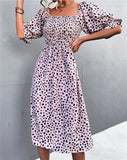 Sweet Square Collar Puff Sleeves Leopard Print Fit and Flare Holiday