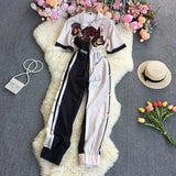 New Spring Autumn Fashion turn down collar short sleeve zipper Jumpsuit hit color print high waist casual wide leg