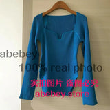new spring sexy stylish sqaure collar full sleeves knitting pullover sexy slim T-shirt female top