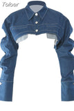 Fashion Women's Coat Slim Lapel Single Breasted Pile Up Sleeves Super Short Blue Denim Jackets Summer 2023 New