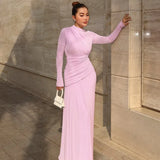 Autumn And Winter New Fashion Temperament Solid Color Collar Long Sleeve Folded Dress Dress