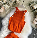 Women Soild Button Hollow Out Thin Knitted Tank Tops Female Girls Double Breasted Knit Sleeveless Sweater