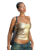 Toloer Women's Wear 2024 Winter New Solid Color Casual Chest Exposed Navel Sleeveless Gold Slim Vest Jacket-Outfit