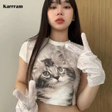 Kawaii Kitten Print Crop Tops Korean Fashion Cute Cat T-shirt Y2k Aesthetics Short Sleeve Tee Shirt Patchwork Sweet
