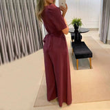 Women Jumpsuit Puff Short Sleeve V Neck Backless Nipped Waist Loose Wide Legs Casual Pants Romper High