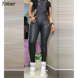 Women Fashion Elegant Casual Buckled Zipper Design Suspender Jumpsuit Square Neck Thick Strap Pocket PU