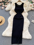 Knit Sexy Strap Dress Women Tank Elatic Waist Bodycon Sundress Female Beach Split Backless Long