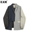 Women Blue Plaid Asymmetrical Big Size Blazer New Lapel Long Sleeve Loose Fit Jacket Fashion Spring Autumn 2023