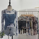 Shooting Tie-Dye Print Spliced Denim T-Shirt Girl Autumn Design Sense Irregular Hair Side Short-Sleeved Top